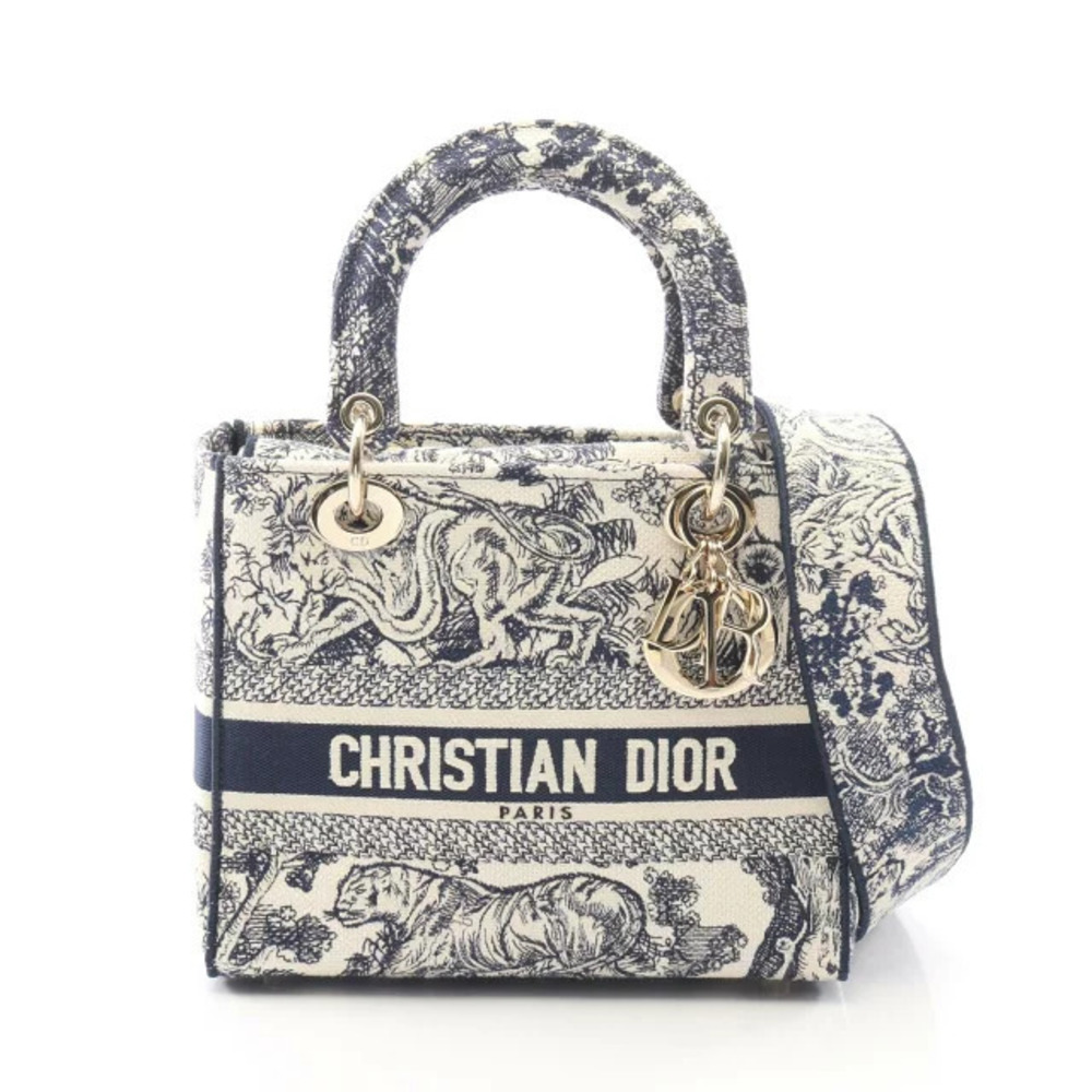 Christian Dior Lady Lite Handbag Canvas Navy Blue White